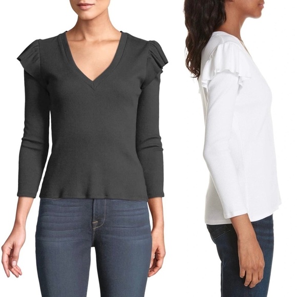 VERONICA BEARD Heather Grey Rib Knit Ruffle Shoulder V-Neck Long Sleeve Top XS - Picture 3 of 7